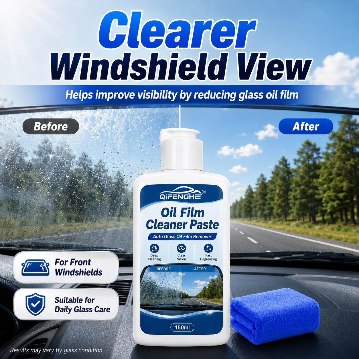 Car Windshield Oil Film Cleaner Paste 150ml QIFENGHE Auto Glass Oil Film Remover Deep Degreasing Clear View with Cleaning Towel