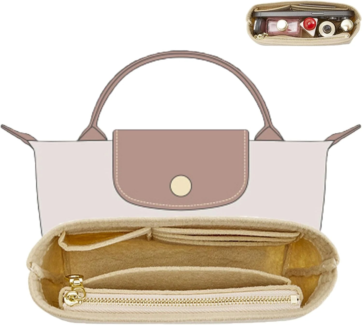 Bag Insert For LongChamp Mini Bag Organizer Felt Mini Bag Organizer for le pliage Green Pouch with Handle Small Handbag Shaper