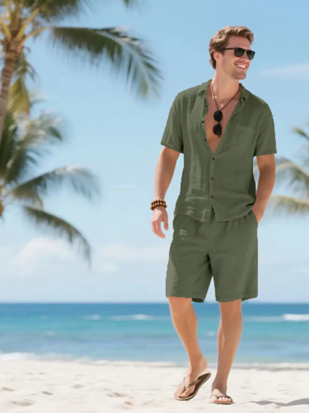 Men's Classic Solid Color Linen Breathable Shirt & Shorts Set, Regular Fit Casual Short Sleeve Button Down Top & Shorts, Men's