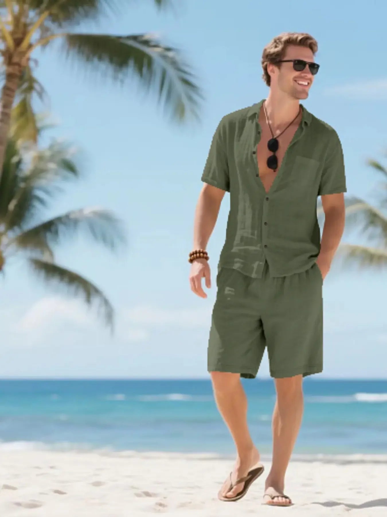 Men's Classic Solid Color Linen Breathable Shirt & Shorts Set, Regular Fit Casual Short Sleeve Button Down Top & Shorts, Men's