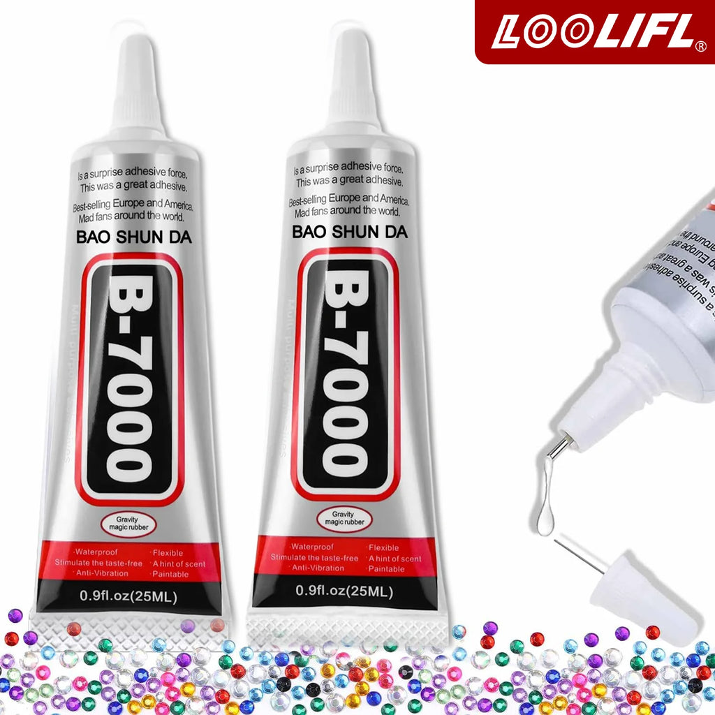 LOOLIFL B-7000 25ml Clear Glue + Nail Art Rhinestone Tools - Precise Tip Adhesive for DIY Manicure, Jewelry & Craft Repairs