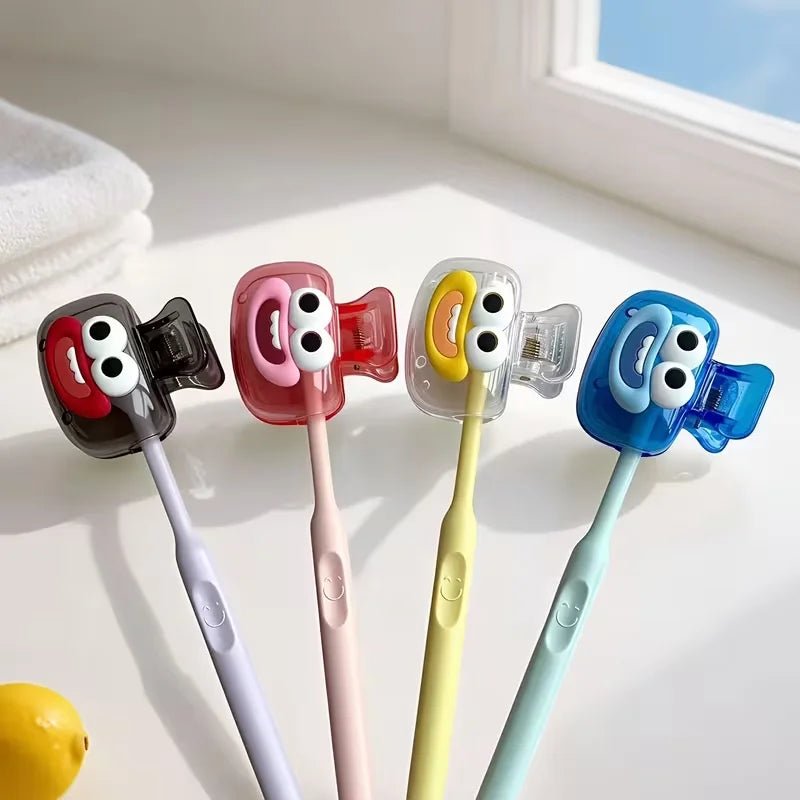 4-piece new cute and cheerful face-shaped toothbrush set in dopamine color combination with toothbrush dust cover