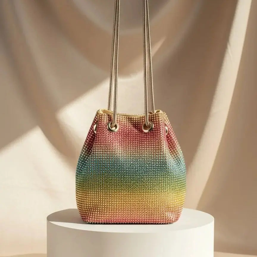 Bucket Women Fashion Evening Bags Diamonds Rainbow Soft Day Clutch Shoulder Snake Chain Rhinestones Party Handbags Wedding Purse