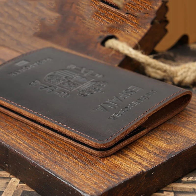 Spanish Passport Cover - Genuine Crazy Horse Leather, Durable Business Travel Wallet, Unisex RFID Blocking Funda Pasaporte