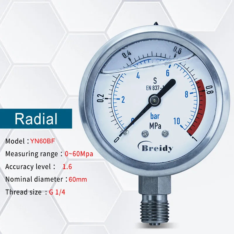 Xin Tester 0-60mpa Anti-vibration Pressure Gauge Radial/Axial Air Hydraulic Water Stainless Steel Oil Manometer Thread G1/4 G1/2