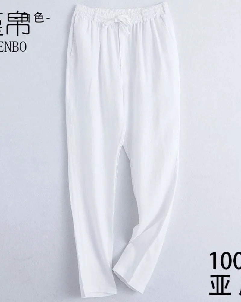 Men's Cotton Linen Solid Color Casual Pants with Elastic Waist Street Wear Jogging Loose Sports Pants