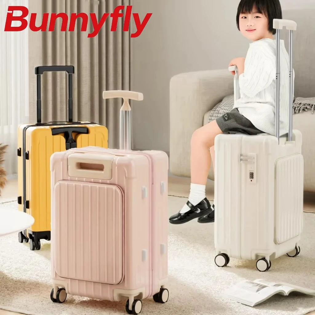 Bunnyfly Kids Front Opening Boarding Case with Spinner Wheels Laptop Trolley Carry on Luggage for Travel Easy to Handle Suitcase