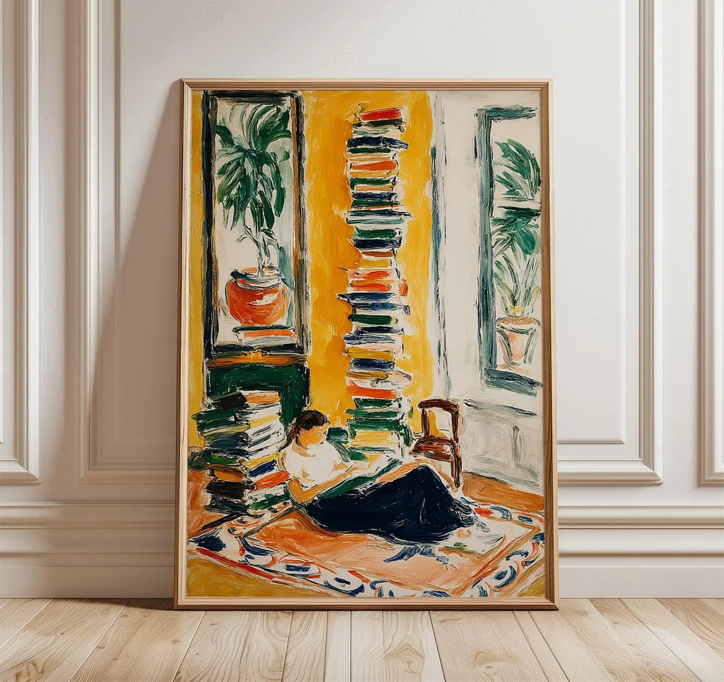 Woman Reading by the Window Poster, Cozy Book Lover Wall Art, Warm Yellow Interior Painting, Modern Impressionist Home Decor
