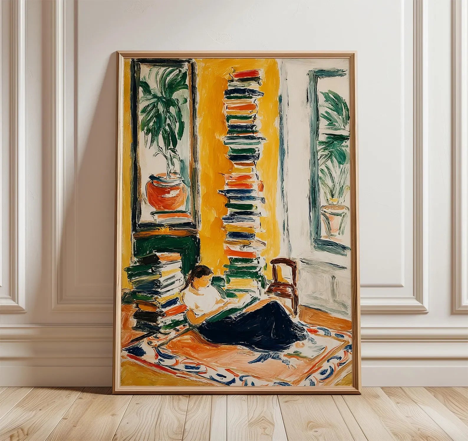 Woman Reading by the Window Poster, Cozy Book Lover Wall Art, Warm Yellow Interior Painting, Modern Impressionist Home Decor