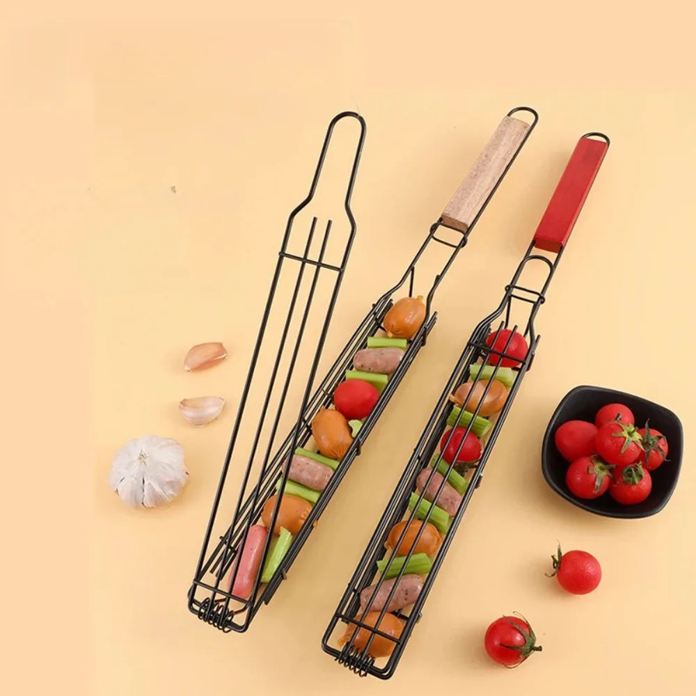 Camping Grill Grate Foldable BBQ Grill Basket Duty Non Stick Mesh Tray Wooden Handle Accessories for Sausage Fish Vegetables BBQ
