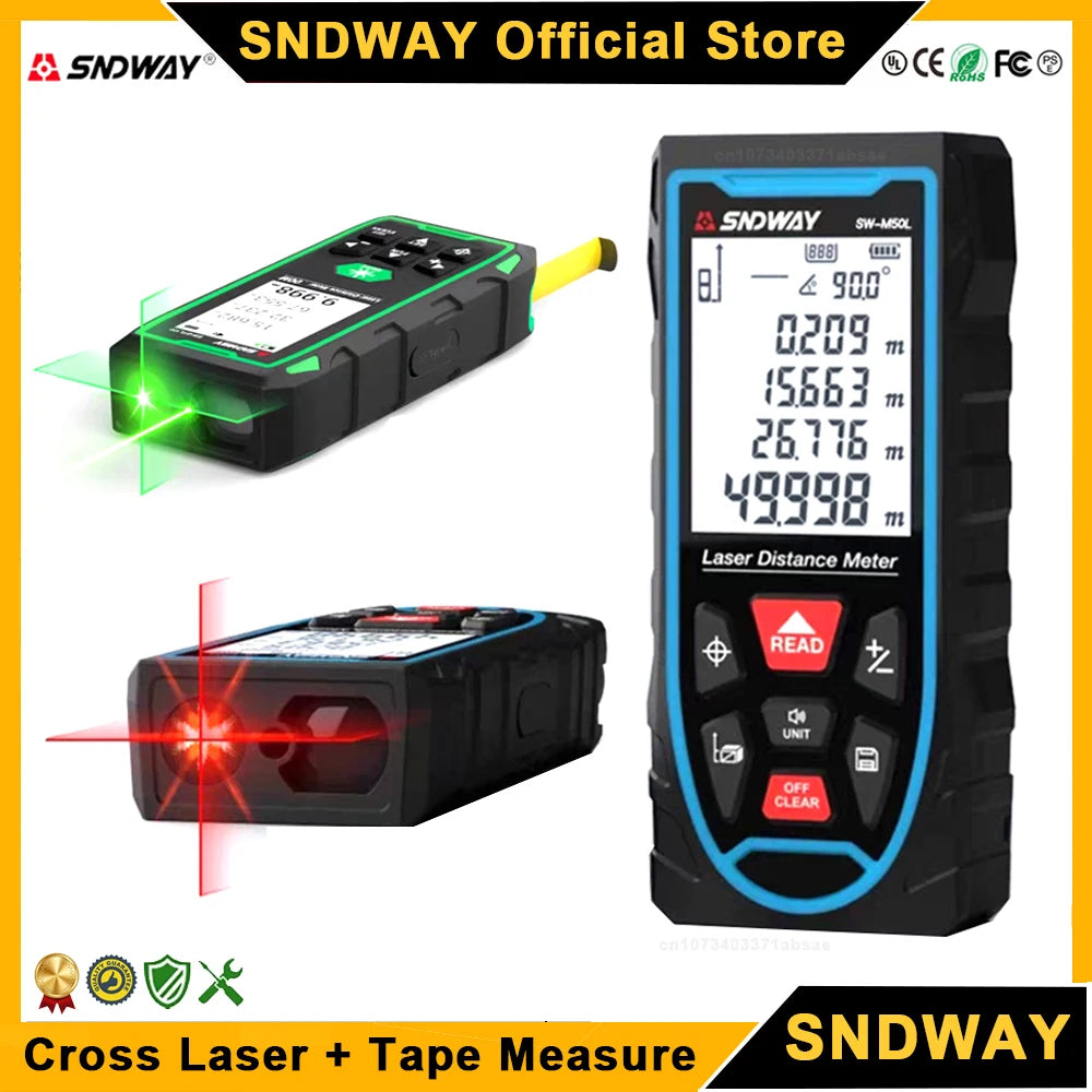 SNDWAY Cross Laser Distance Meter with Tape Measure 3 in 1 Digital Rangefinder Vertical & Horizontal Laser Range Finder