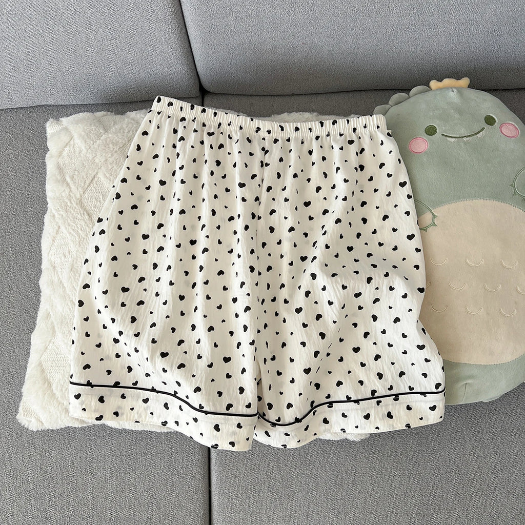 Women's Summer Thin Pajamas with Heart-Shaped Pattern, Short-Sleeved Shorts, Sweet and Cute, Can Be Worn Outside in Summer, Two-Piece Home Wear Set