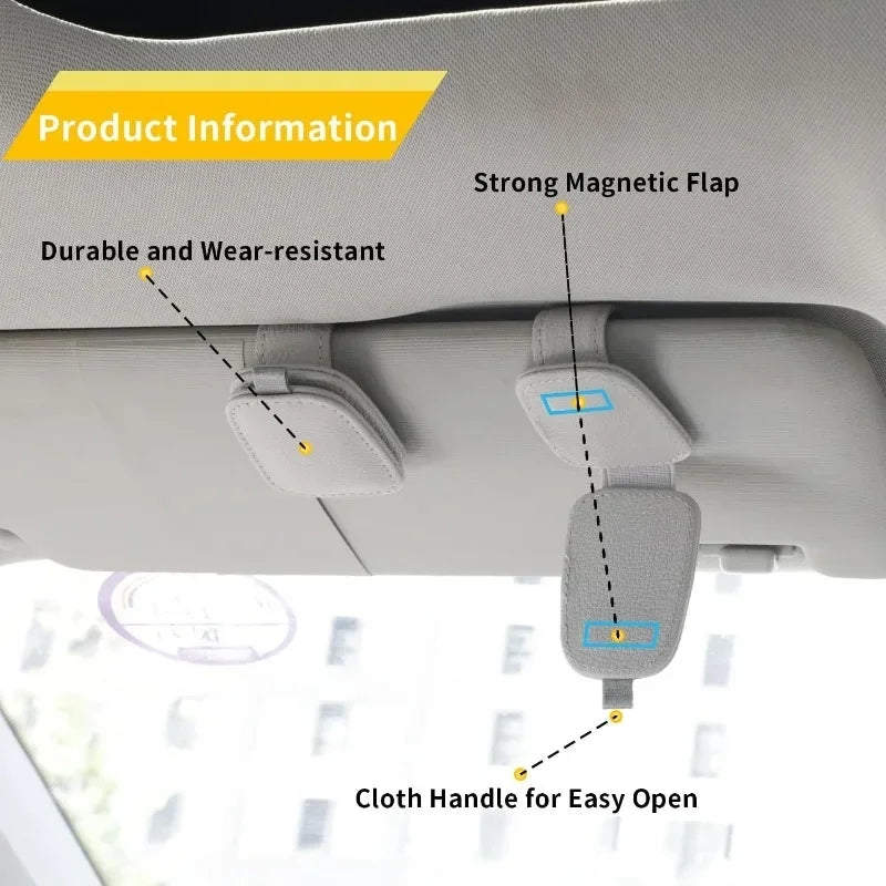 2 Packs Sunglasses Holders for Car Visor Magnetic Leather Sunglasses Holder and Ticket Card Clip Car Visor Accessories