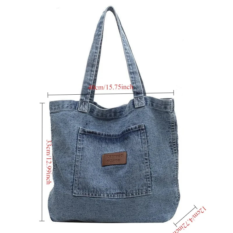 Stylish Light Blue Denim Tote Bag for Women Large Capacity, Zipper Closure, Casual Shoulder Handbag with Multiple Compartments