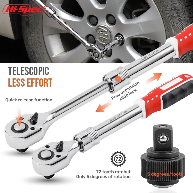Hi-Spec 1/4 1/2 3/8 72-Tooth Carbon Steel Retractable Ratchet Wrench Automatic Quick Release Spanner Multifunctional Hand Tool