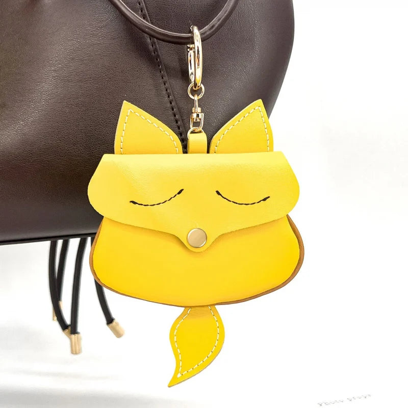 New Cow Leather Fox Keychain Bag Pendant Cute Car Key Ring Bag Parts Accessories For Women And Men Card Bag Holder