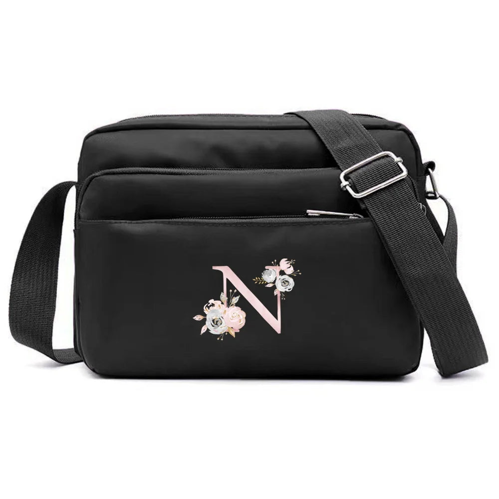 New Simple Black Storage Bag Multi-layer Travel Leisure One Shoulder Crossbody Bag Pink Flower Letter Series Printing Pattern