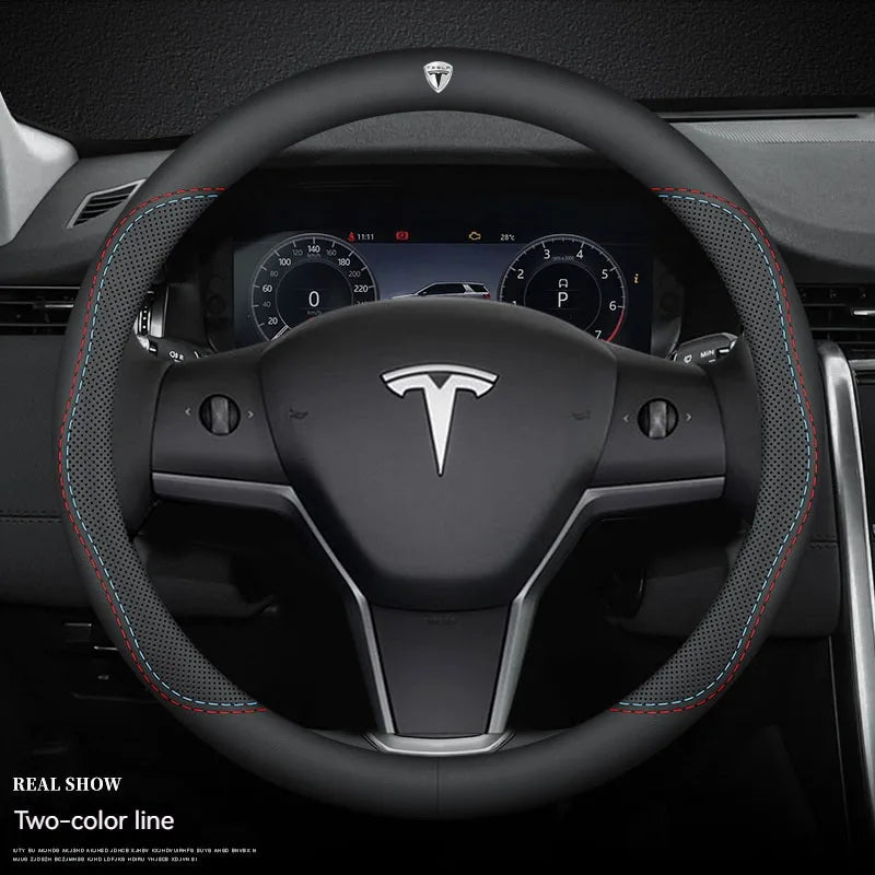 For Tesla Model 3 Model Y Model S Model X Roadster Leather Anti-slip Breathable Car Steering Wheel Cover Auto Accessories