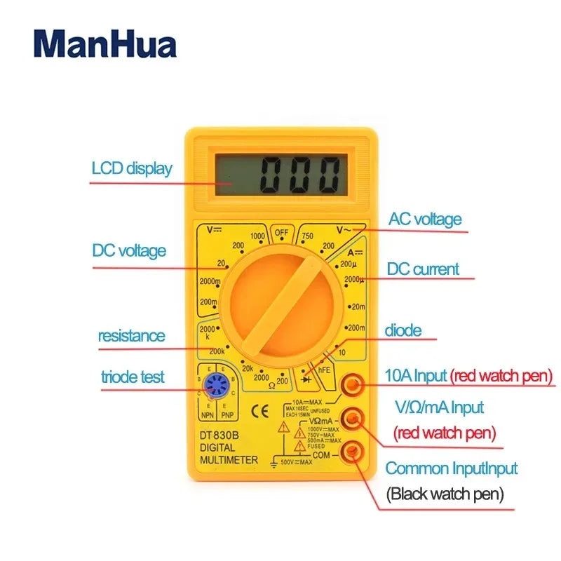 ManHua DT830B Mini Digital Multimeter with LCD Overload Protection Voltage Amperage Test Probe DC AC Yellow