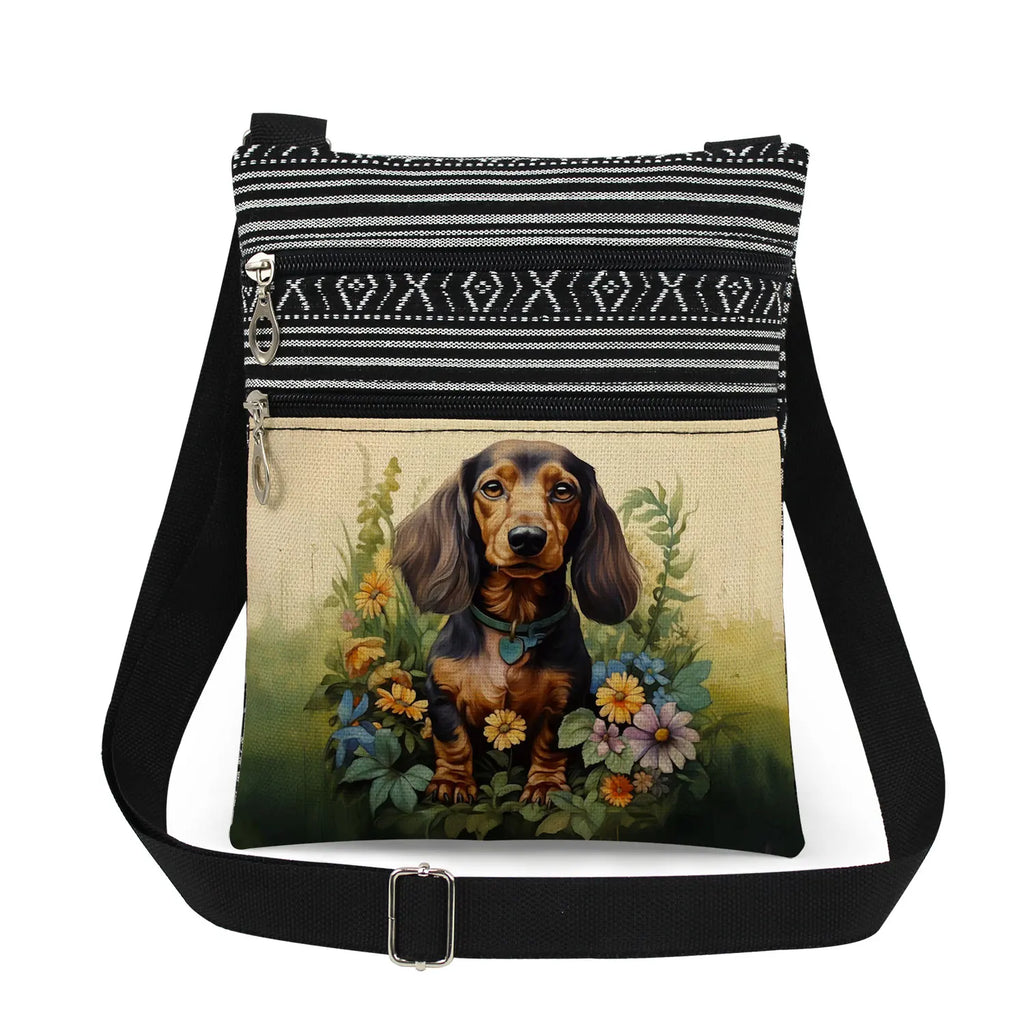Cute Dachshund Print Crossbody Bag Female Floral Animal Shoulder Bags Fashion Outdoor Portable Double Zipper Lady Messenger Bag