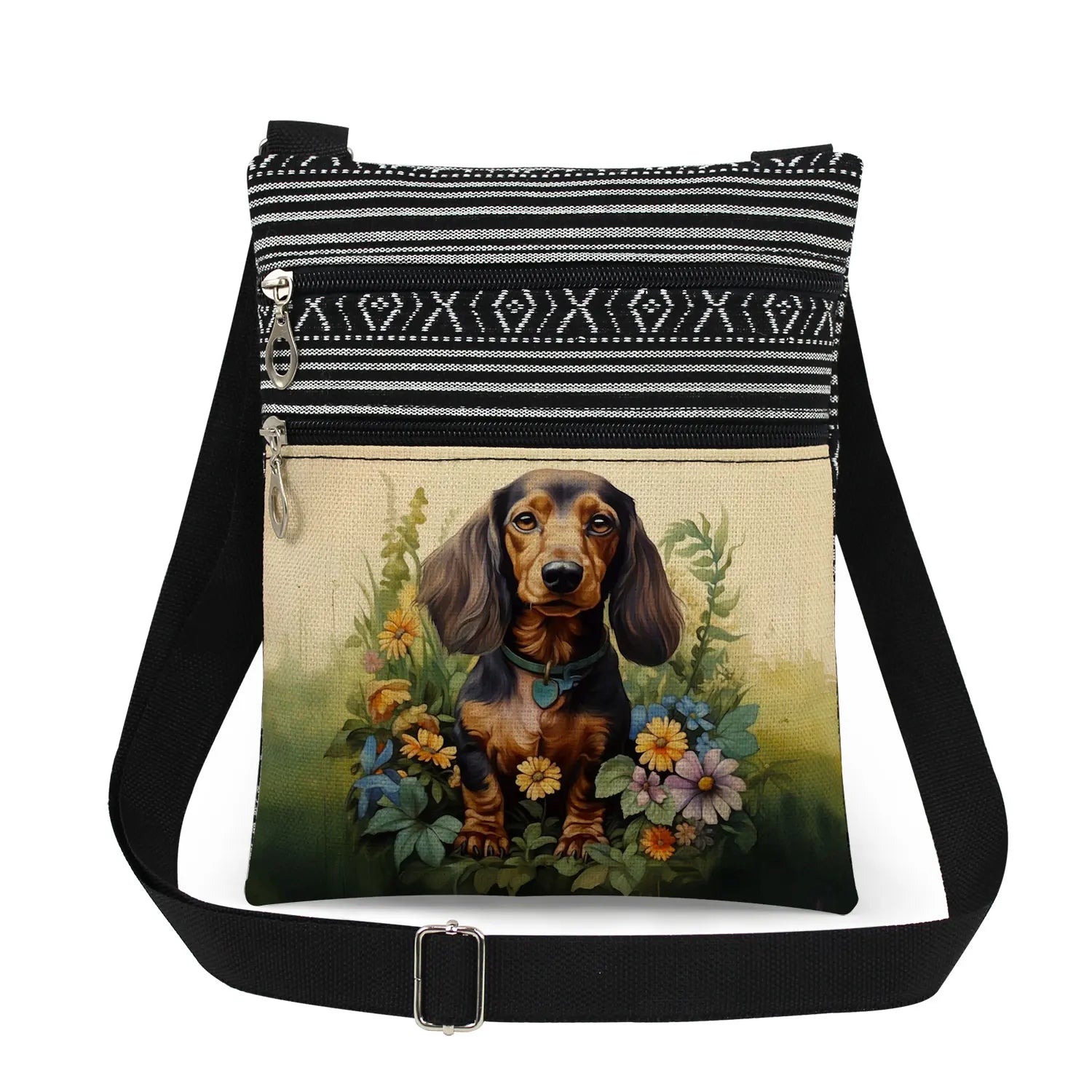 Cute Dachshund Print Crossbody Bag Female Floral Animal Shoulder Bags Fashion Outdoor Portable Double Zipper Lady Messenger Bag