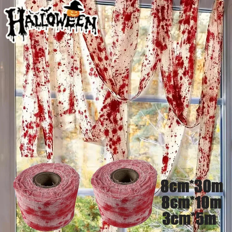 1PC Bloody Gauze Strips Roll with Caution Tape for Halloween Haunted House Decoration Creepy Crime Scene Party Props