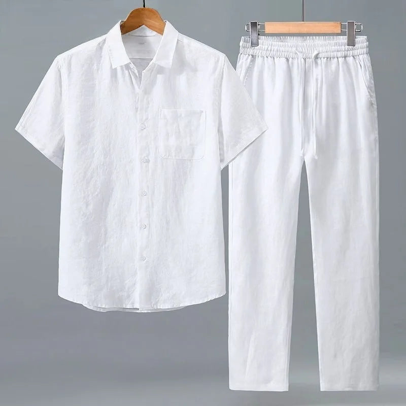 Mens Pure Linen Matching Outfit Short Sleeve Button Shirt Elastic Waist Trousers Two Piece Suit Lightweight Summer Daily Streetw