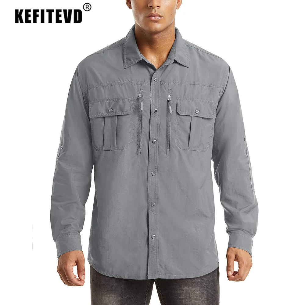 KEFITEVD Quick Dry Men's Hiking Shirts Zipper Chest Pocket Long Sleeve Cargo Shirts Lightweight Camping Trekking Fishing Shirt