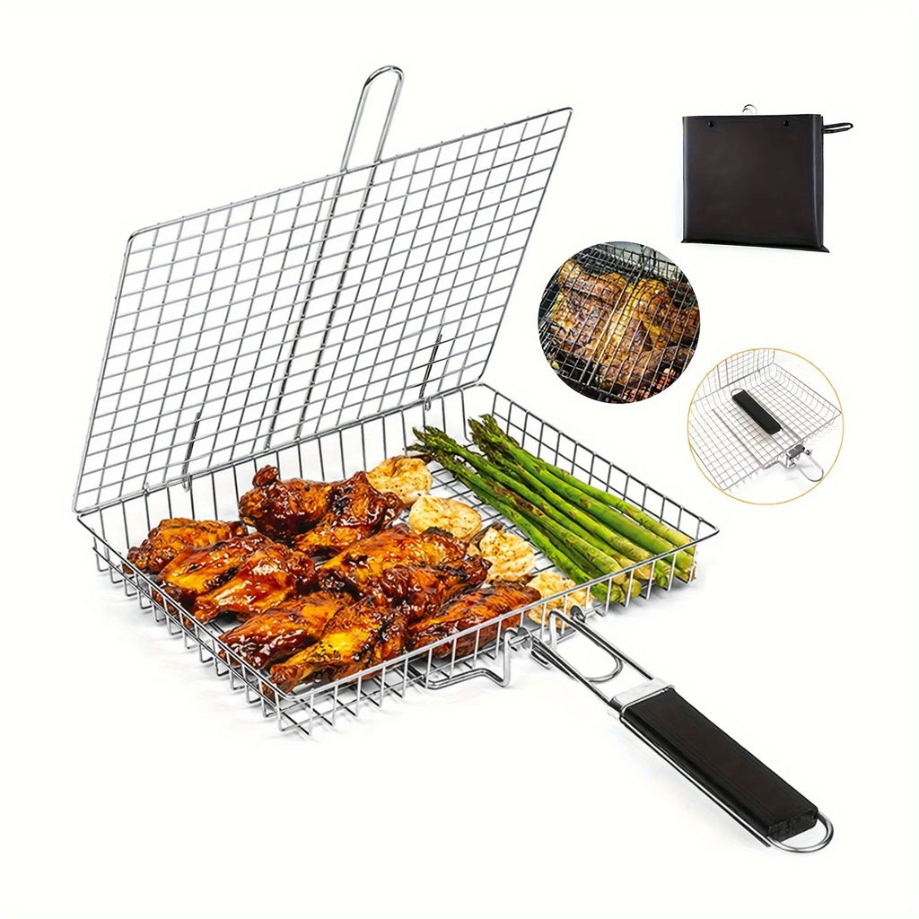 Foldable Stainless Steel BBQ Rack Thickened Grill Basket For Chicken With Large Capacity And Handle