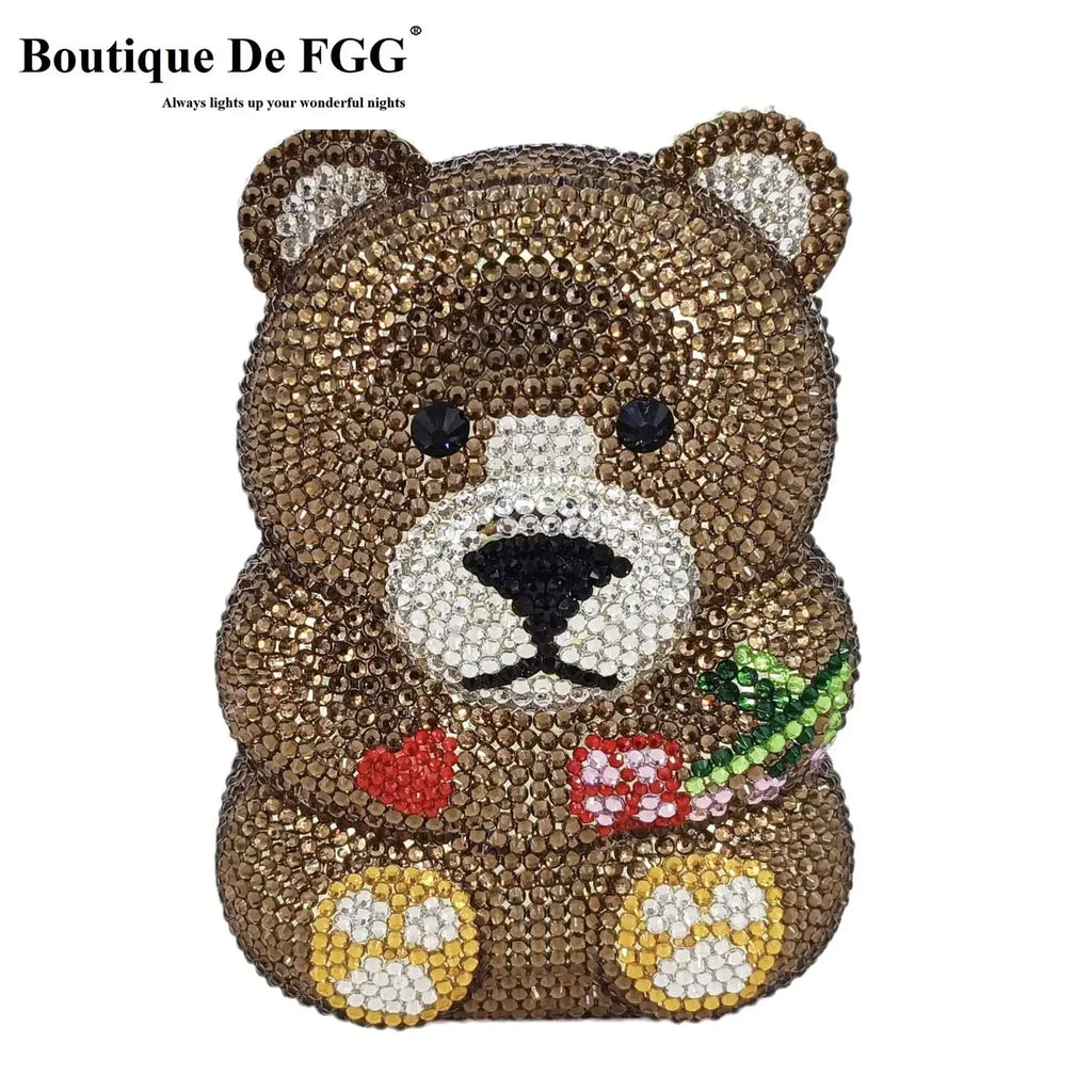 Boutique De FGG Brown Crystal Teddy Bear Evening Clutch Bags for Women Wedding Party Mini Minaudiere Purses and Handbags