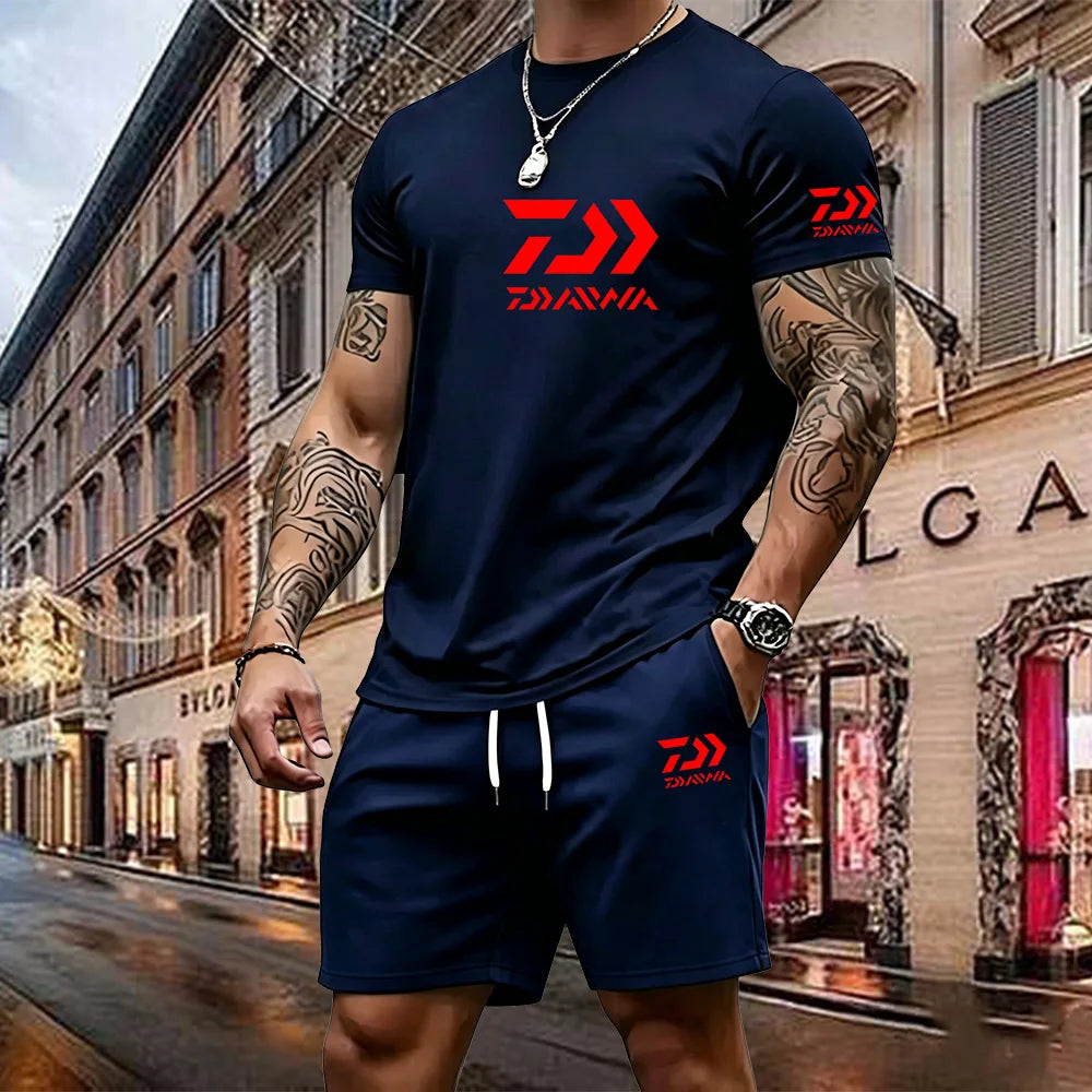 2026 Summer New Men's Fashion Outdoor Sports Set Printed Short Sleeve T-shirt+Shorts Loose Home Leisure Two Piece Set