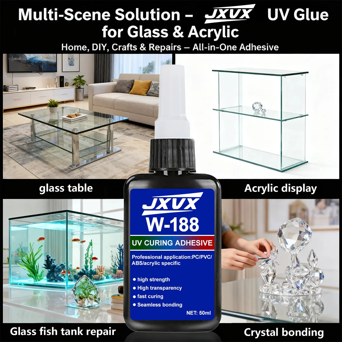 50ml W-188 Super Strong UV Glue Curing Adhesive UV Curing Crystal Glass lace glue and crystals Metal ABS Bonding Welding With UV curing lamp.