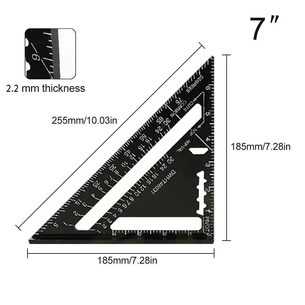 7-Inch Triangle Ruler Aluminum Alloy Measurement Tool with Inch & Metric ScaleCarpenter Speed Square Angle Ruler for Woodworking