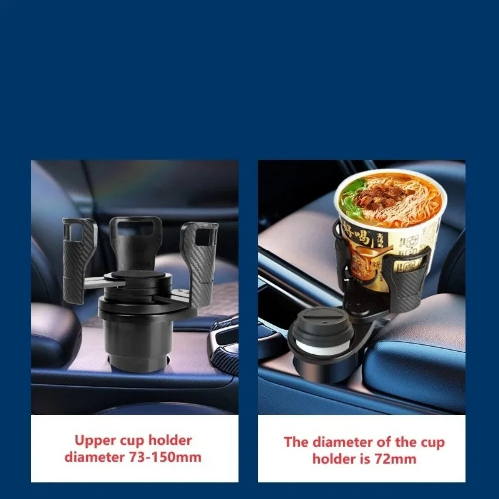 Double-Deck Car Cup Holder 360° Rotating Split Design Adjustable 73-150mm for Truck SUV Center Console with Sponge Pad