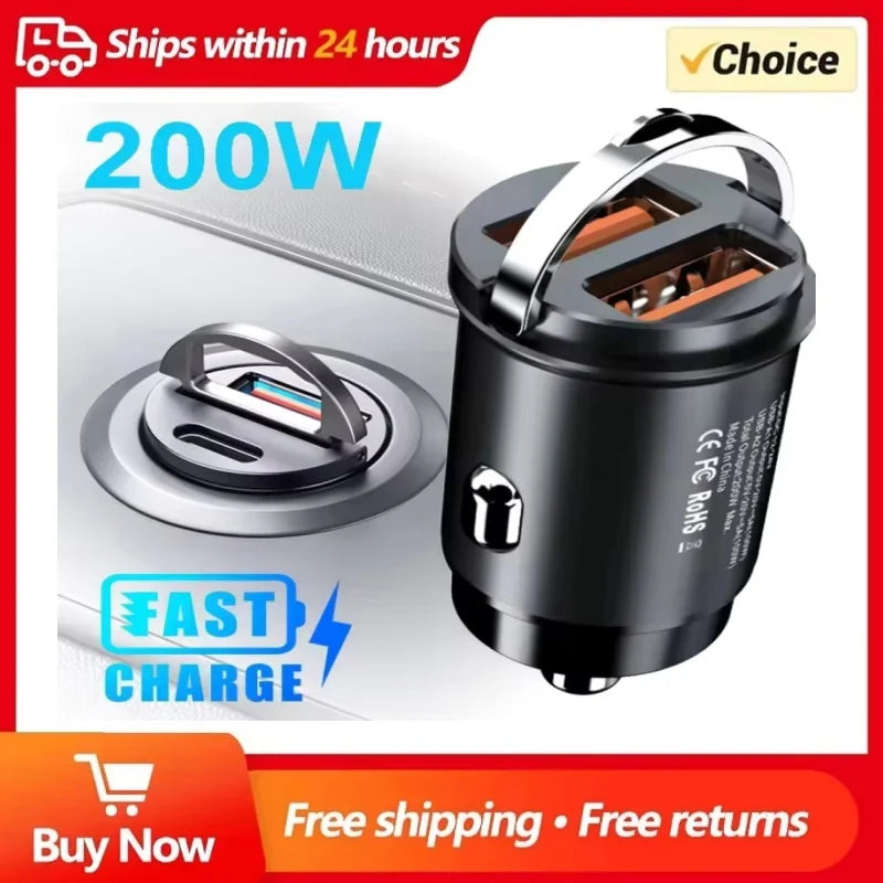 100W/200W QC3.0 PD Mini Car Charger 12-24V Lighter Fast Charging Car USB Type C Charger for Xiaomi Samsung Huawei iPhone Power