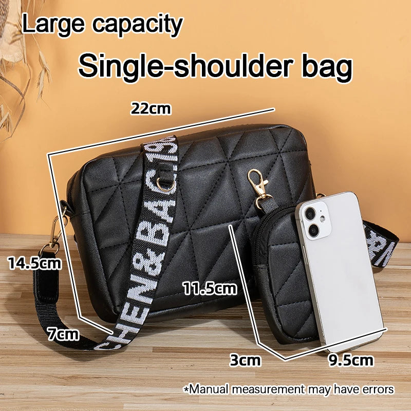 Fashionable Mobile Phone Bag, Large Capacity Checkered Shoulder Bag, Two-Piece Set, Wide Shoulder Strap