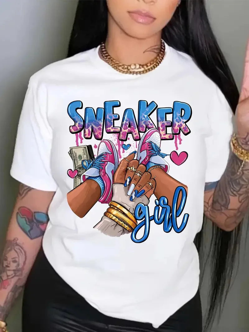 Plus Size Sneaker Girl Graphic Print T-shirt, Casual Short Sleeve Crew Neck Top, Women's Clothing