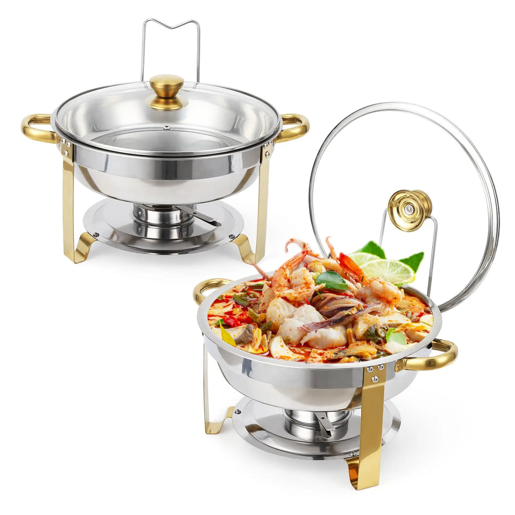 2 Pack 5QT Round Stainless Steel Chafing Dishes Buffet Set with Visible Glass Lid Holder Buffet Food Warmers for Parties Dinners Catering Events