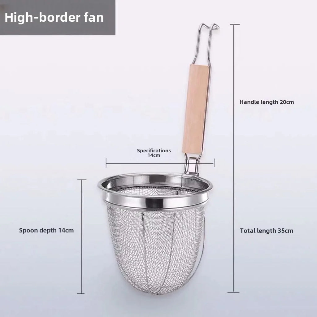 Stainless Steel Noodle Funnel Wooden Handle Multifunctional Fine Mesh Sieve Spoon Thickened Pasta Basket Strainer