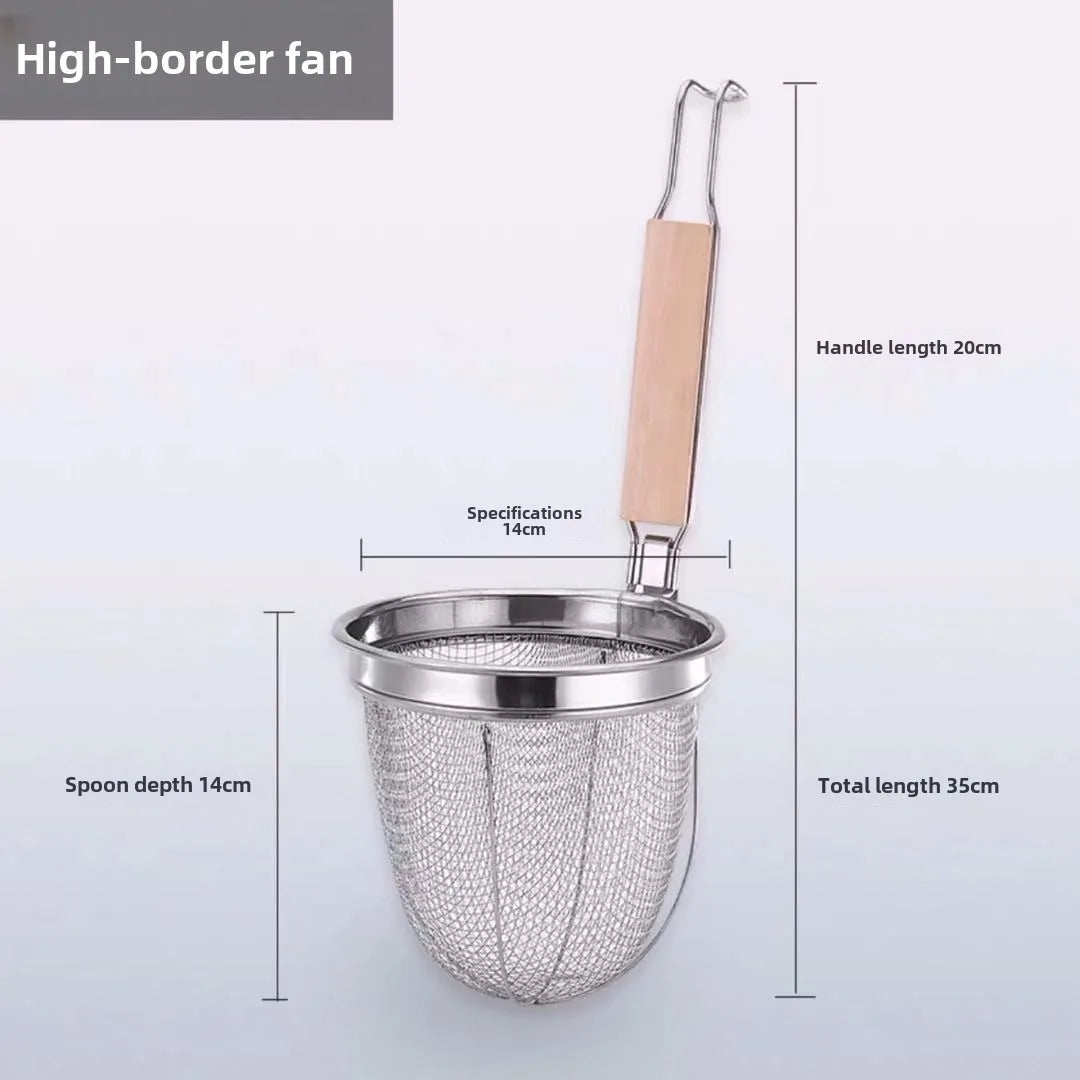 Stainless Steel Noodle Funnel Wooden Handle Multifunctional Fine Mesh Sieve Spoon Thickened Pasta Basket Strainer