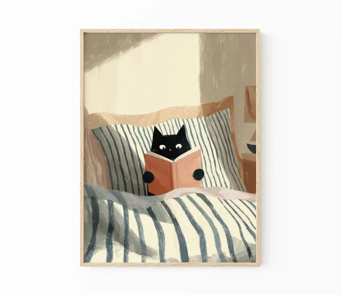 Cat Reading Print – Black Cat Wall Art, Cosy Bedroom Poster, Book Lover Cat Illustration, In Bed Print, Reading Decor, Cozy
