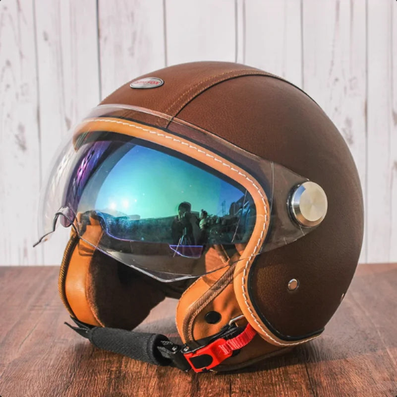 Brown Leather Original DOT ECE 3/4 Open Face Helmet MT Capacete Motorcycle Helmet JET Scooter Bike Half Helmets Cascos Para Moto