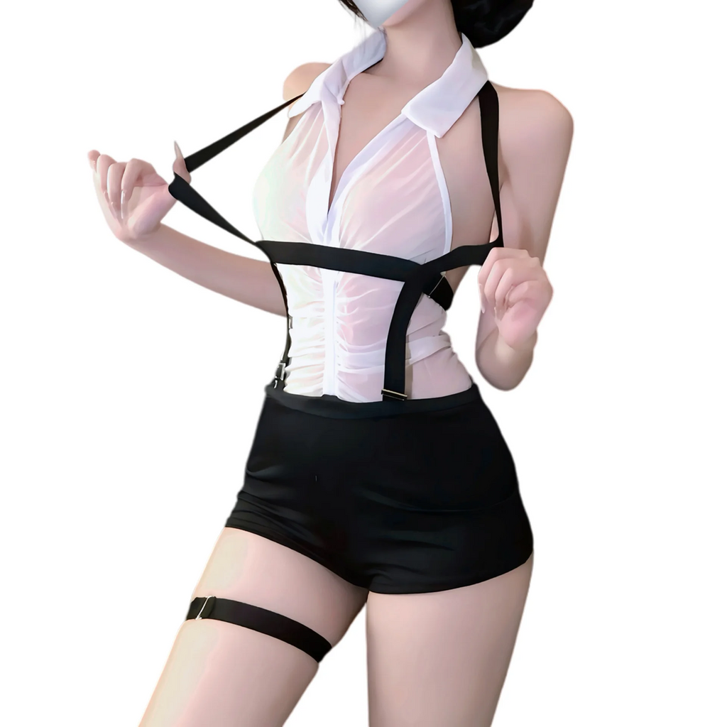Sexy OL Secretary Cosplay Lingerie Set Deep V Sheer Mesh Sling Outfit Backless Office Uniform for Night Dating Party Wear