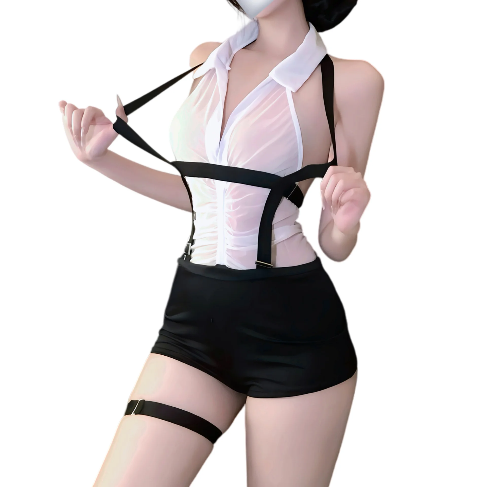 Sexy OL Secretary Cosplay Lingerie Set Deep V Sheer Mesh Sling Outfit Backless Office Uniform for Night Dating Party Wear