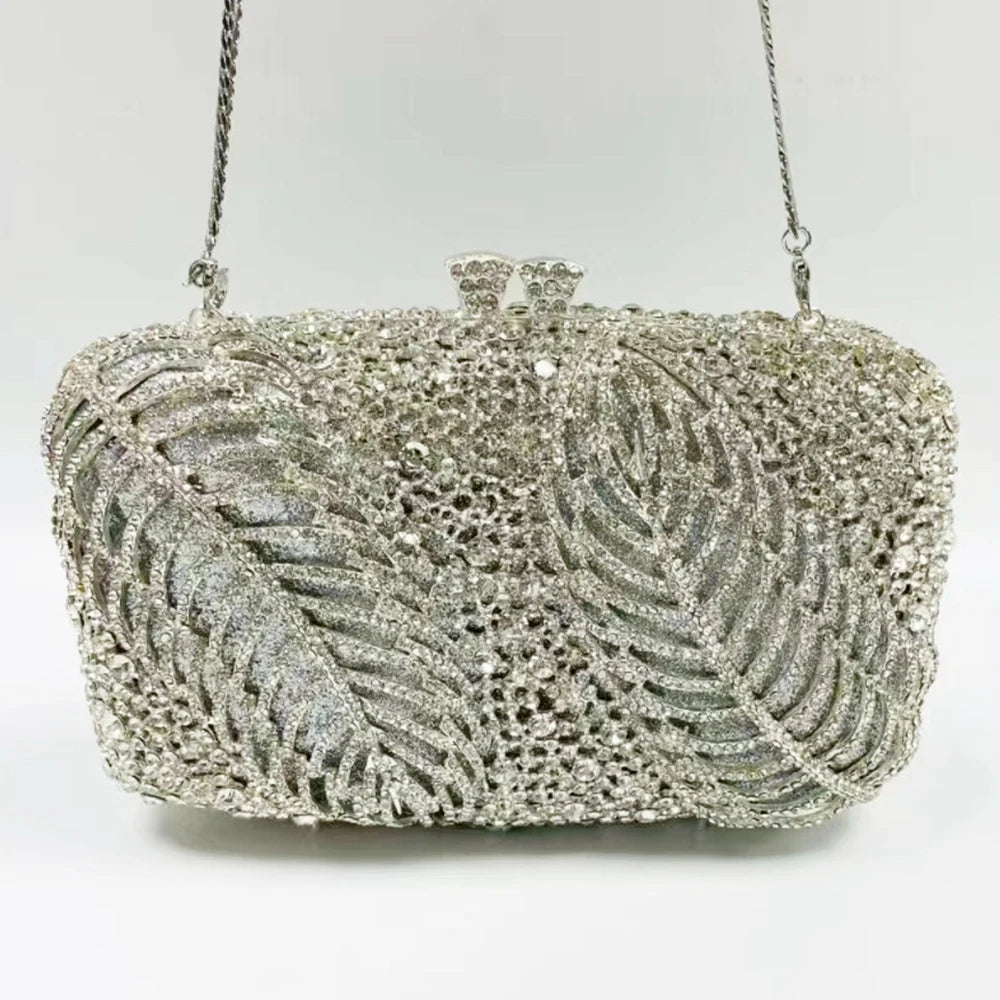 Silver Evening Clutches Diamond Wedding Purses WHTUOHENG Crystal Purses Rhinestone Clutch  Bags Leaves Women Party Handbags