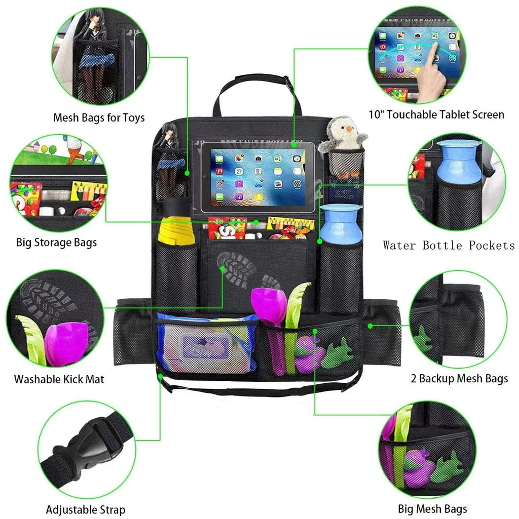 Car Rear Seat Organizer Storage Bag with Touch Screen Tablet Stand, Anti Kick Pad, Rear Seat Protector, Storage Bag