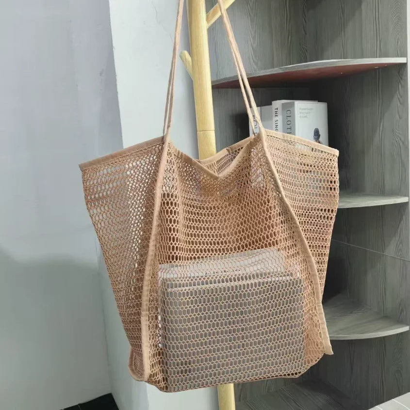 Women Mesh Net Beach Tote Bag, Foldable Single Shoulder Handbag Portable Outdoor Travel Casual Storage Bag for Seaside Holiday