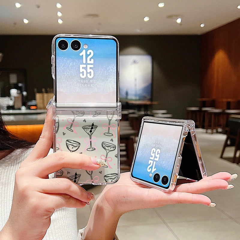 Cup Bowknot Pattern Phone Case For Samsung Galaxy Z Flip 7 FE 8 6 5 4 3 5G Flip7 Flip6 Flip8 Clear Shockproof Folding Hard Cover