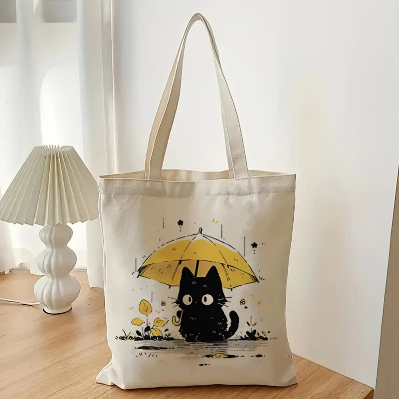 Women Canvas Baguette Bag 1 Pack Cute Cat Pattern Handbag Tote Reusable Shopping Bag Multifunctional High Capacity Printed Storage Bag Gift for Cat Lovers Holiday Birthday Present