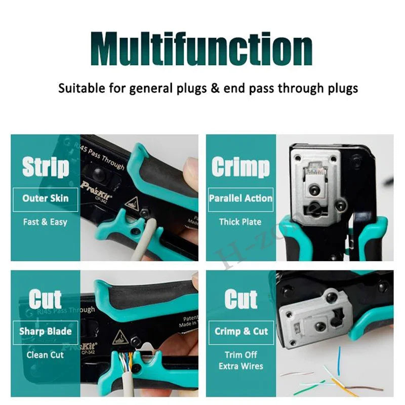 Pro'skit CP-342 End Pass Through Mini Crimper Pliers 8P8C RJ45 Perforated Crystal Head Crimp Tool 4in1 Ethernet LAN Stripper